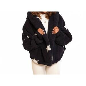 NEW JILL MARTIN classic cropped stars sherpa lounger jacket in navy